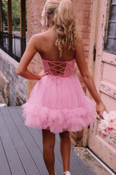 New A Line Lace Pink Homecoming Dresses with Ruffles Sweetheart